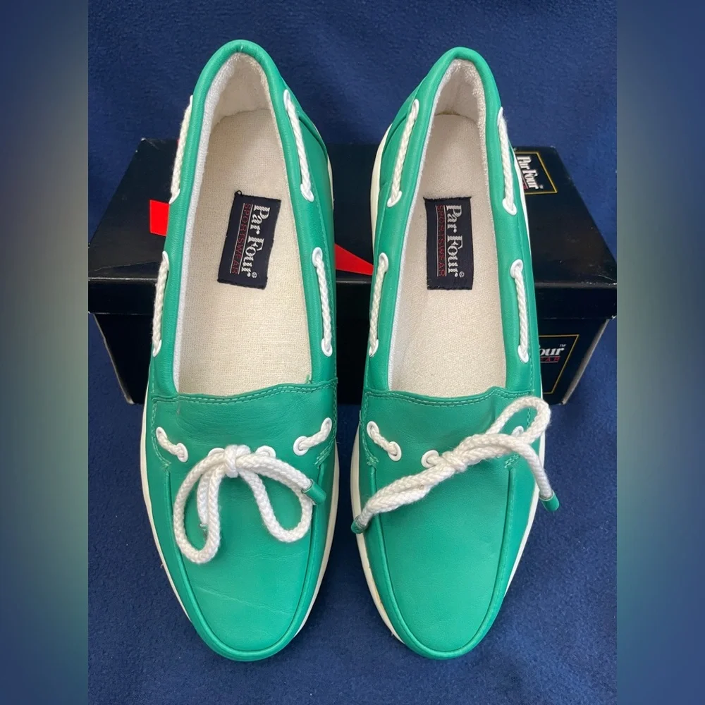Vintage Par Four Mens Leather Boat Shoes 9.5 RARE HardTo Find Kelly Green Womens